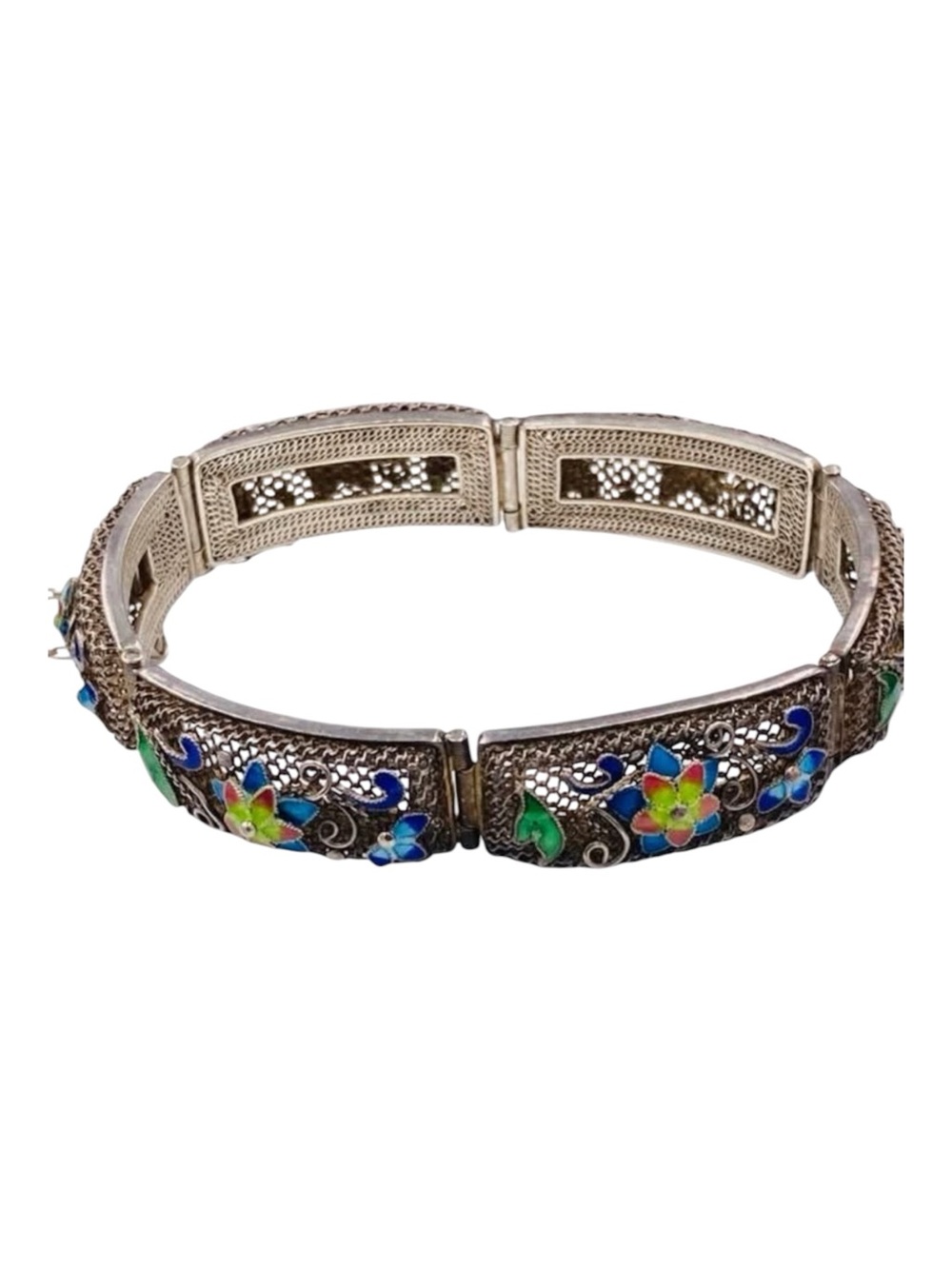 Exquisite Antique Chinese Export Silver Filigree Enamel Bracelet